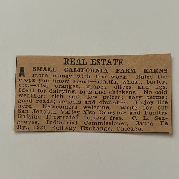 Santa Fe Ry A Small California Farm CL Seagraves Chicago 1917 Clipping SAI4-S66 - Picture 1 of 2